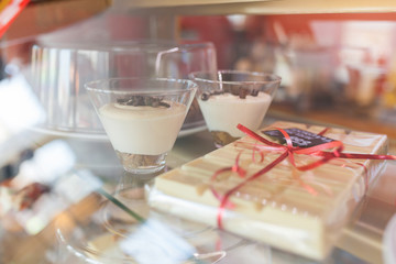 Desserts and pastries on the cafe showcase
