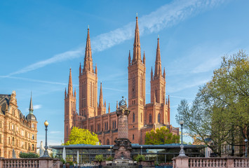 View at the Markt church from Market place in Wiesbaden - Germany - obrazy, fototapety, plakaty