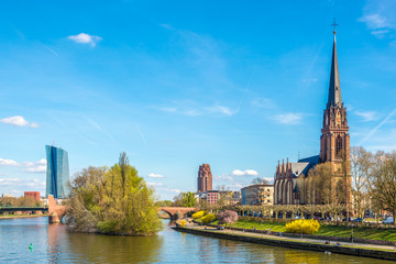 Waterfront river Main with Dreikonigs church - Frankfurt am Main, Germany