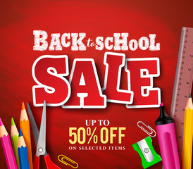 Back to school sale banner vector design in red background with school items and objects for store discount promotion. Vector illustration.
