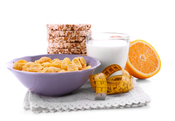 Different dairy products on white background