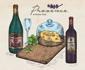 hand drawing illustration of chopping cheese board with grapes, wine, champagne. Provence, summer time.