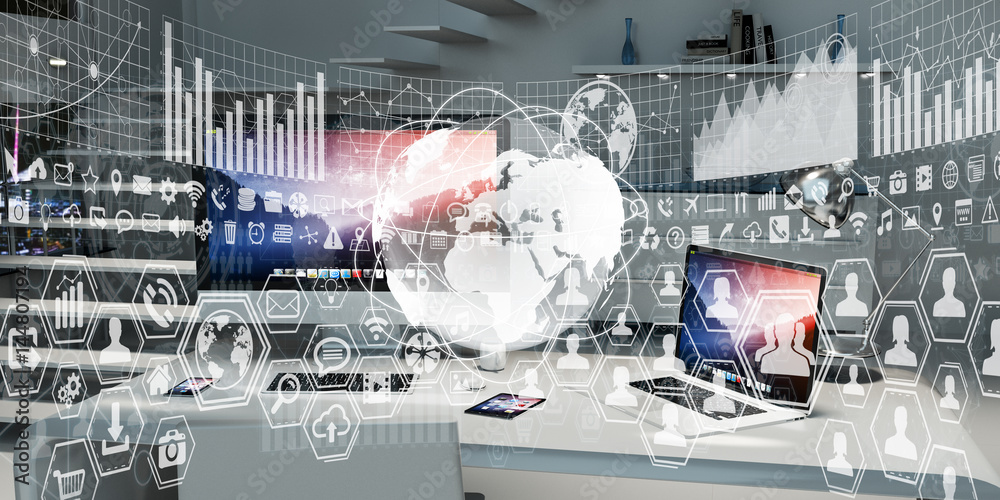 Poster Workplace with modern devices and hologram screens 3D rendering