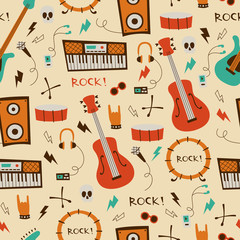  Rock Music Seamless Background.  Pattern with Music Symbols and instruments.
