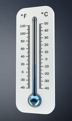 3D render cold white thermometer indicating low temperature