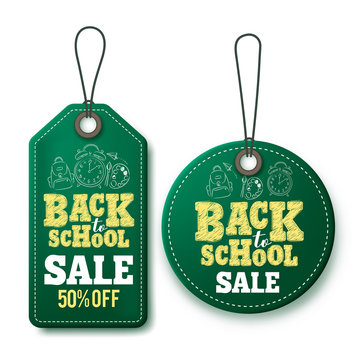 Back To School Sale Vector Price Tags And Labels Template In Green Isolated In White Background For Store Marketing Promotions. Vector Illustration.
