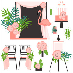 Wedding arch, cake, decoration for chairs, bridal bouquet.    Tropical style with flamingos. 
