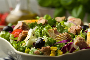 Tuna salad with lettuce, eggs and tomatoes.