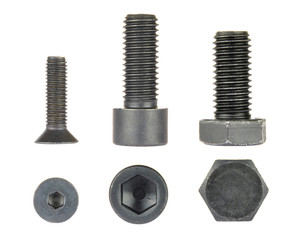 Black hex bolt screws, isolated on white background