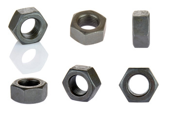 Black metal nuts isolated on white background