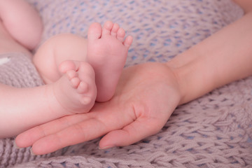 Baby feet in mother hands. Tiny Newborn Baby's feet on female Shaped hands closeup. Mom and her Child.