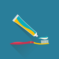Tube of toothpaste and toothbrush. Teeth care concept. Vector flat illustration.