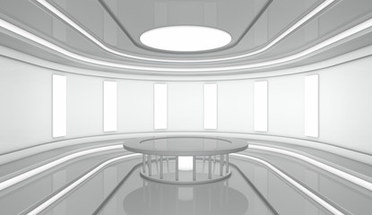 Abstract empty white interior background. Circular lay-out, architecture design. 3d illustration