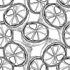 Black and white lemons for coloring books. Seamless pattern of citrus fruits.