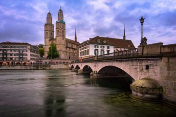 Grossmunster Church and Limmat River in the Morning, Zurich, Switzerland