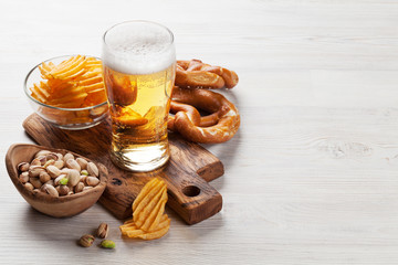 Lager beer and snacks