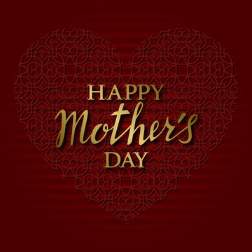 Happy Mothers Day greeting card design with patterned red heart. Vector Illustration.