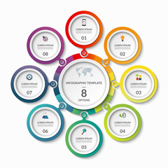 Infographic banner with 8 options. Circle template that can be used as round chart, cycle diagram, graph, workflow layout