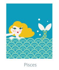 Pisces woman horoscope as a girl mermaid swimming in the sea waves. Vector illustration.