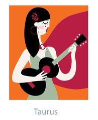 Taurus 2026 horoscope as a latin style woman playing ukulele guitar. Vector illustration.