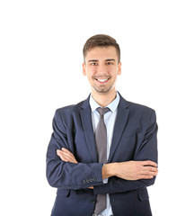Handsome man in elegant suit on white background