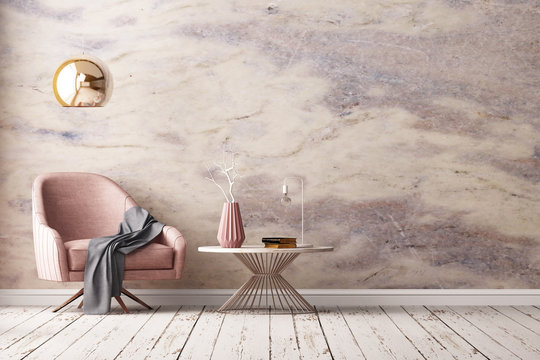 Interior with armchair and a table on a background of a marble wall, 3d render, 3d illustration