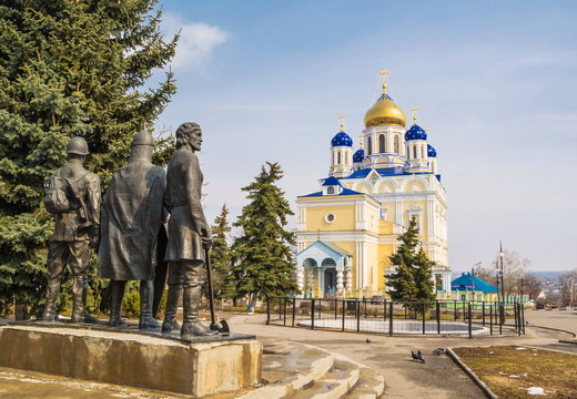 Red Square of ancient Russian town of Yelets with Ascension Cathedral and monument to defenders of city.
