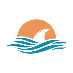 Abstract travel logo with ocean and shark fin.  Shark fin icon. 
