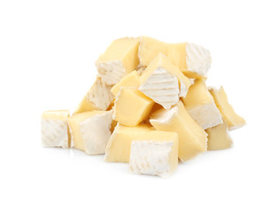 Pieces of tasty cheese on white background