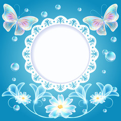 Fototapeta premium Blue background with butterflies, flowers and openwork frame