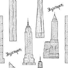 Seamless pattern with Skyscrapers. Hand drawn cityscape sketches