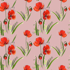 Fototapeta premium Seamless abstract pattern with red flowers, buds and leaves on a purple background.