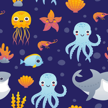 Vector illustration of funny cartoon jellyfish, starfish, octopus, shrimp, shark and fish. Seamless pattern with sea animals. © barkarola