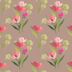 Fototapeta na wymiar Seamless pattern with abstract tulips and mimosa on a background of coffee with milk.