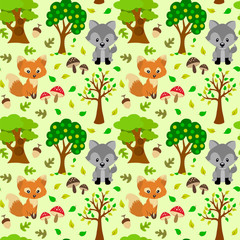 Naklejka premium Seamless pattern with fox, wolf, trees, leaves and mushrooms on a light green background.