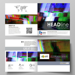 Business templates for square design bi fold brochure, flyer, report. Leaflet cover, vector layout. Glitched background made of colorful pixel mosaic. Digital decay, signal error, television fail.