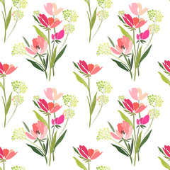 Seamless pattern with a bouquet of tulips on a white background.