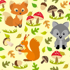 Seamless pattern with wild animals, mushrooms, acorns and leaves on a yellow background.