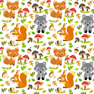 Fox, wolf, squirrel and mushrooms.