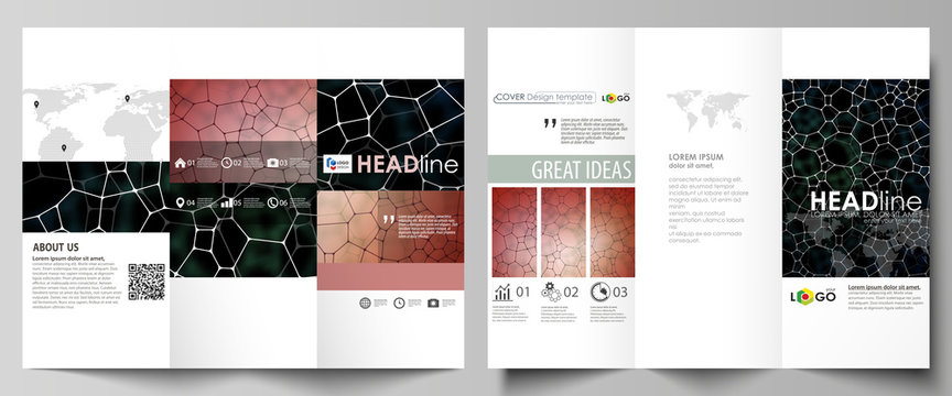 Tri-fold brochure business templates on both sides. Abstract vector layout in flat design. Chemistry pattern, molecular texture, polygonal molecule structure, cell. Medicine, microbiology concept.