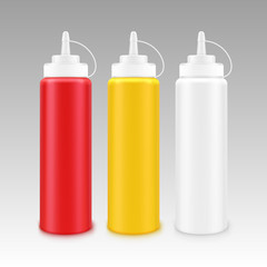 Vector Set of Blank Plastic White Red Yellow Mayonnaise Mustard Ketchup Bottle for Branding without label Isolated on Background