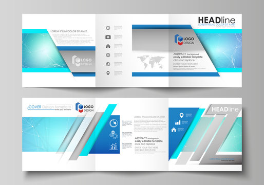 Set of business templates for tri fold square design brochures. Leaflet cover, vector layout. Chemistry pattern, connecting lines and dots, molecule structure, medical DNA research. Medicine concept.