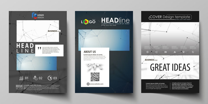 Business templates for brochure, flyer, booklet, report. Cover design template, vector layout in A4 size. Geometric blue color background, molecule structure, science concept. Connected lines and dots
