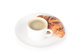 a cup of coffee and croissant isolated on white