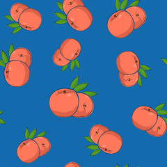 Seamless Pattern of Peach, Fruit on Blue Background, Vector Illustration