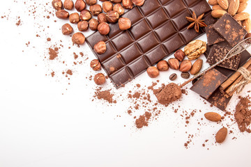 Chocolate pieces, filbert, hazelnut, cocoa powder and walnuts over on white