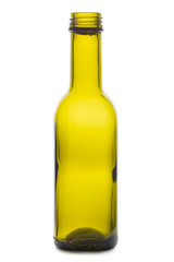 Empty yellow glass wine bottle isolated on white background