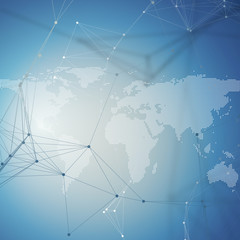 Abstract futuristic background with connecting lines and dots, polygonal linear texture. World map on blue. Global network connections, geometric design, dig data technology digital concept.