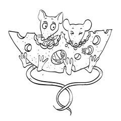 Cartoon image of mice with cheese. An artistic freehand picture.
