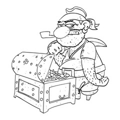 Cartoon image of pirate captain with treasure chest. An artistic freehand picture.